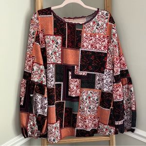 Paisley Floral Print Patchwork Fall Blouse with Bubble Sleeves 2XL